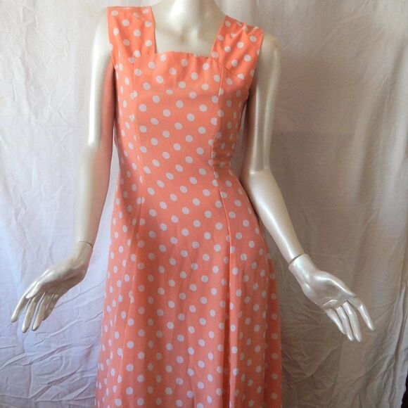 B.T.N. Coral Sleeveless Dress White Polka Dots Retro Summer Style - Picture 1 of 4